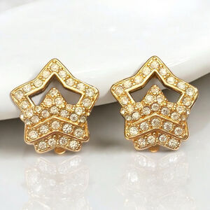 Vintage Rhinestone Star Crown Earrings Gold tone Clip on.
